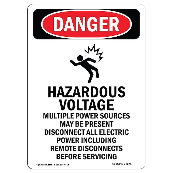 Safety Sign, OSHA Danger, 24" Height, Hazardous Voltage, Portrait, D-1824-V-2226